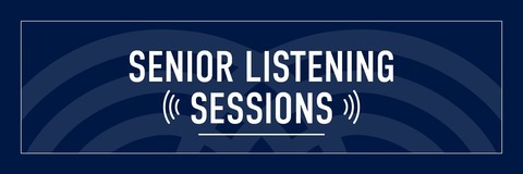 Blue background with translucent Kansas City fountain logo with text that reads  "senior listening sessions"
