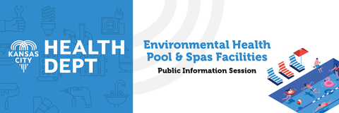 Image of people in pool and lounge chairs with text "Environmental Health Pool & Spas Facilities Public Information Session"