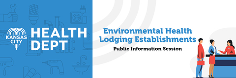 Image of people at a desk with text "Environmental Health Lodging Establishments Public Information Session"