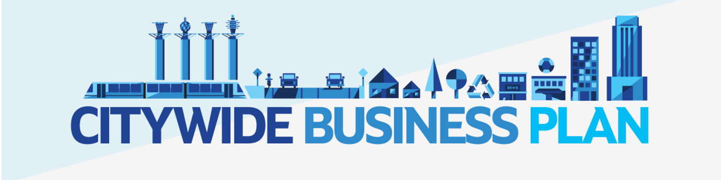 Image of Kansas City skyline with the words "Citywide Business Plan" below it