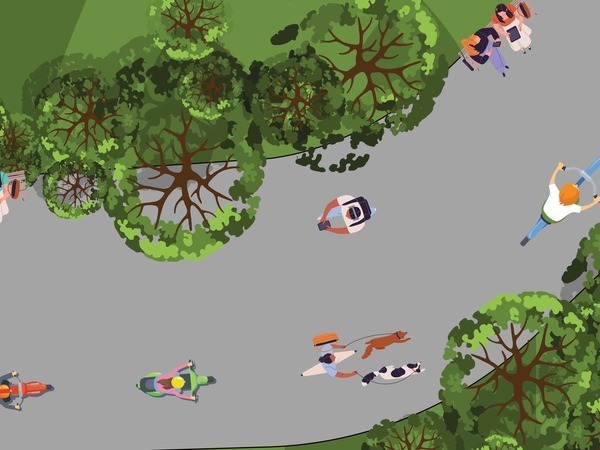 An animated graphic depicting a road with cars, busses, bikers and trail walkers. Meant to display various ways of mobility