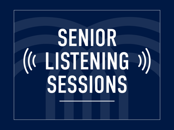 Blue background with translucent Kansas City fountain logo with text that reads  "senior listening sessions"