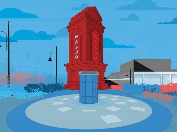 Waldo Obelisk drawing in red and blue.